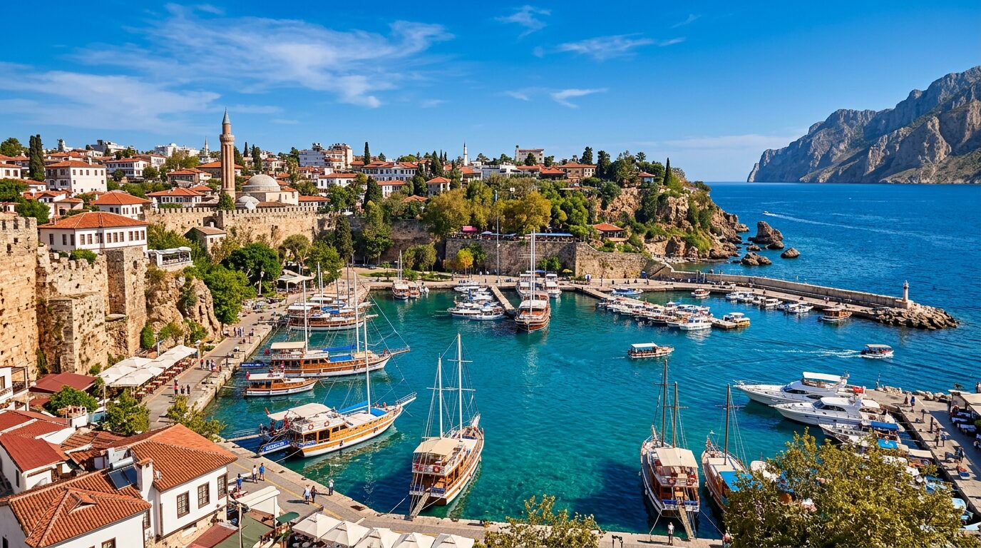 The historic Kaleıçi old harbour of Antalya with turquoise Mediterranean water and cliffs
