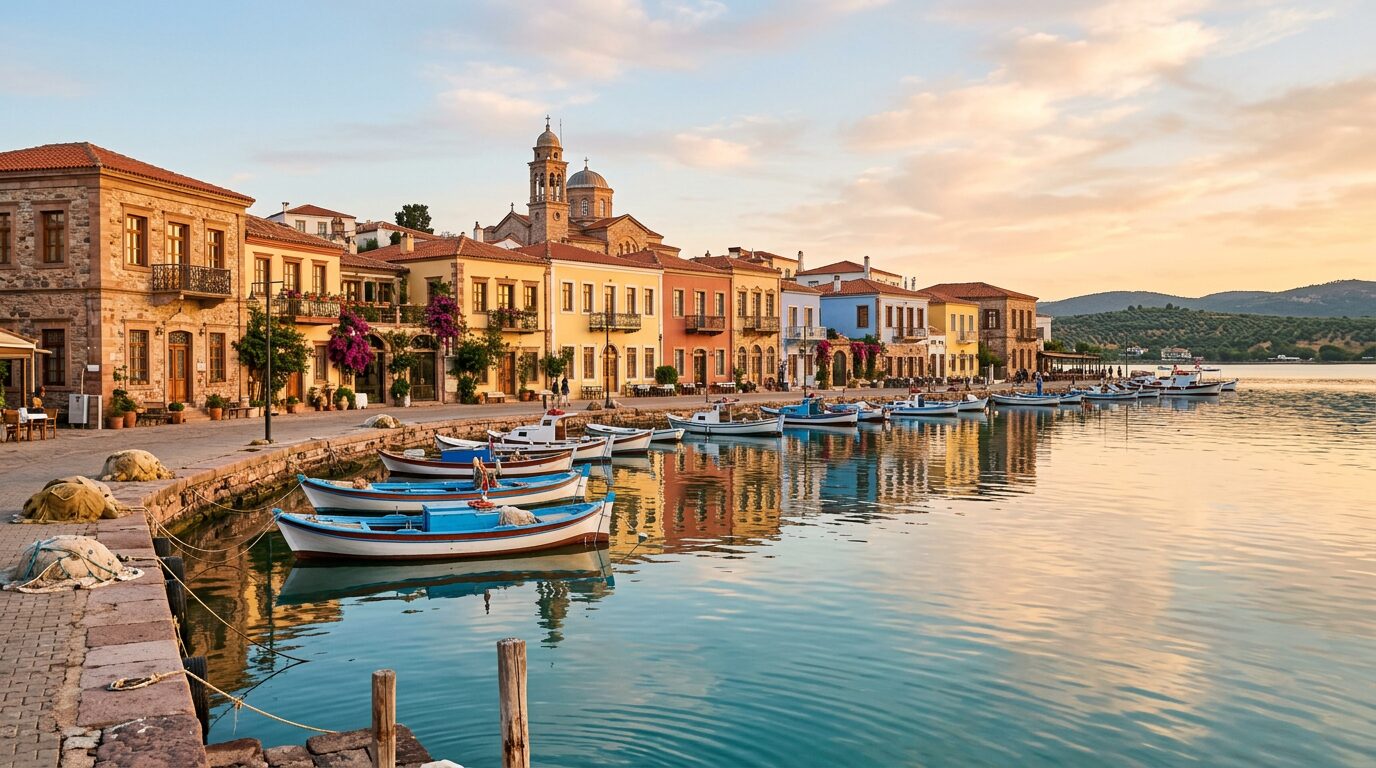 Historic Greek-era stone houses along the Aegean waterfront of Cunda Island at golden hour
