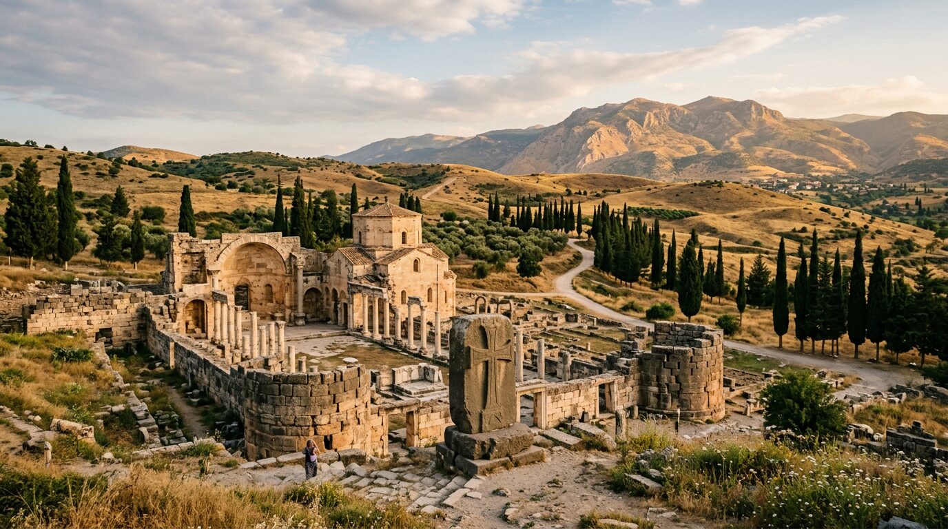 Panorama of an ancient Christian archaeological site in the Turkish countryside