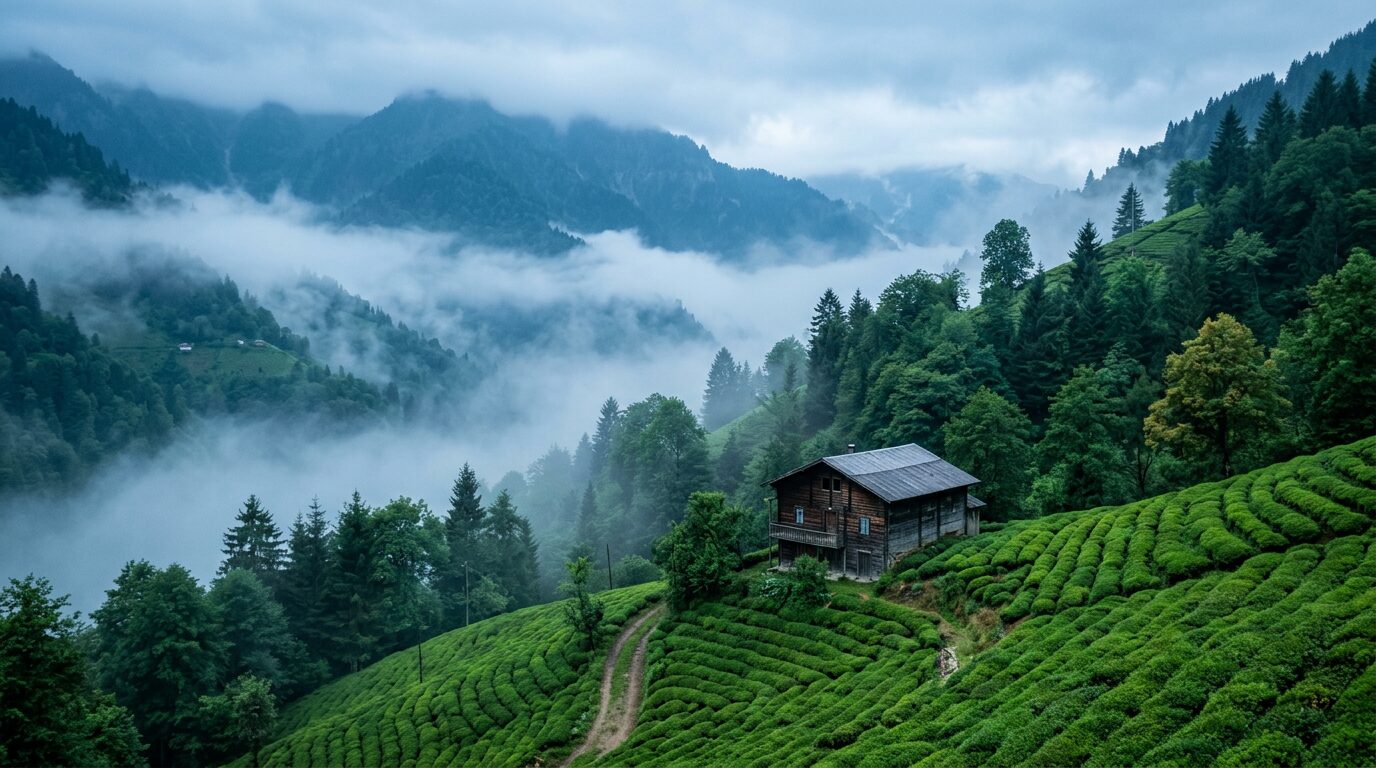 Misty green mountains and tea plantations of the Turkish Black Sea highlands