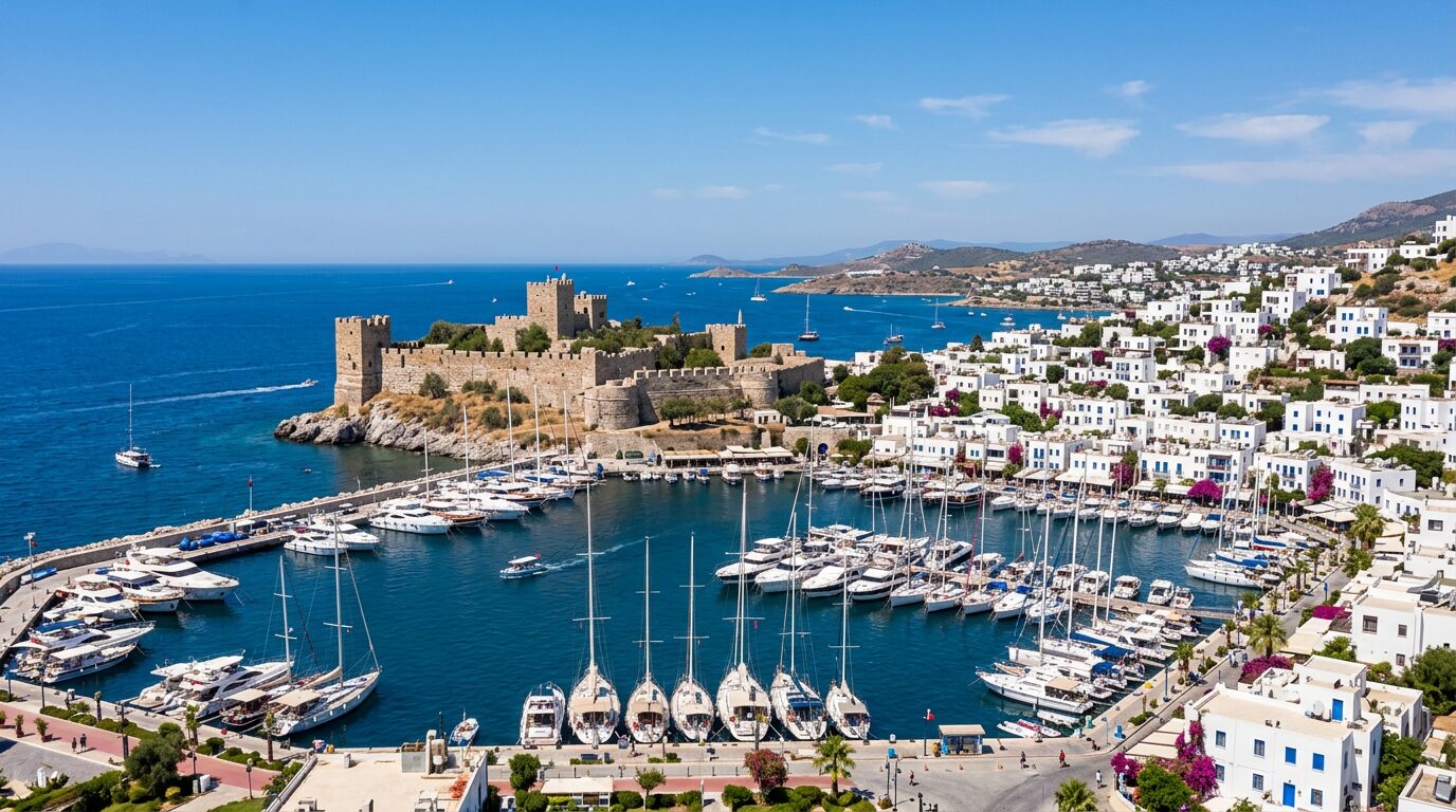 The lively marina and whitewashed hillside of Bodrum glowing at night