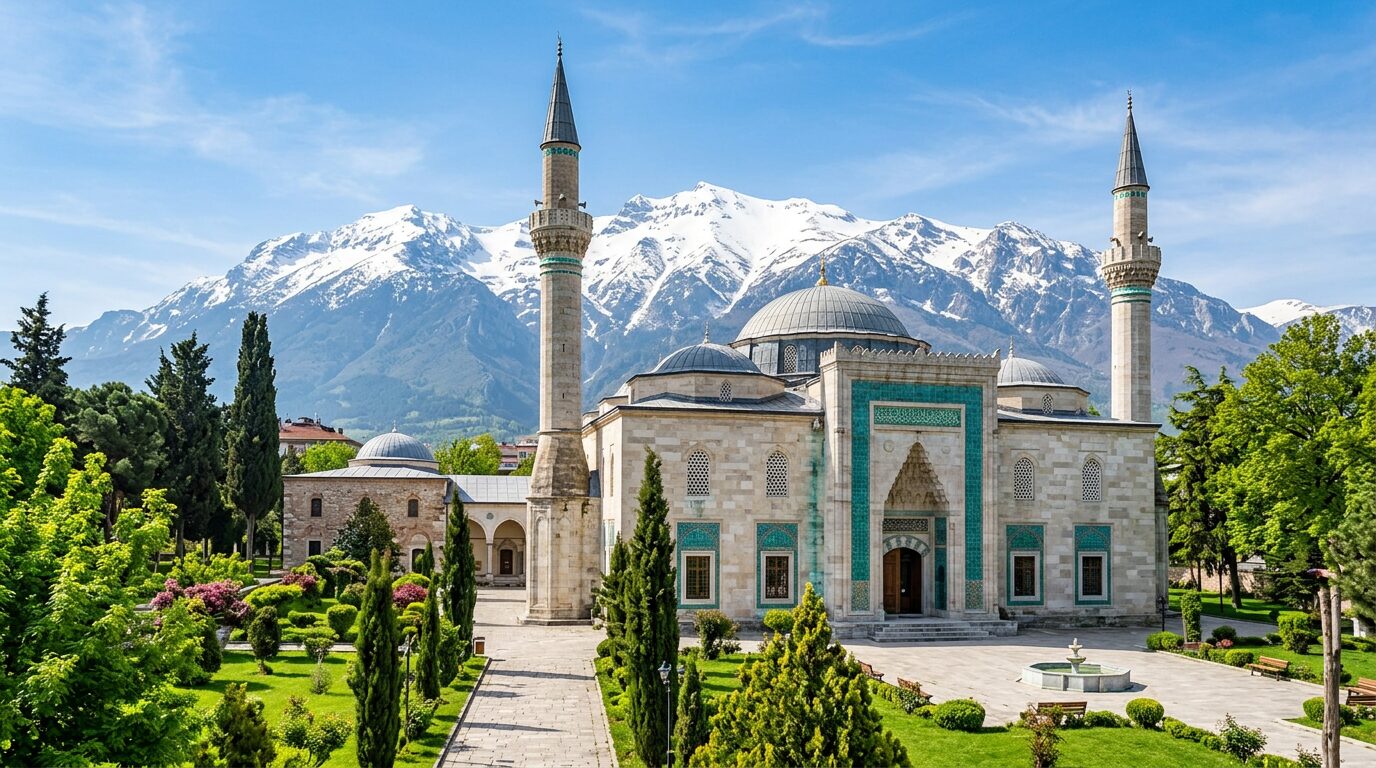 The Green Mosque of Bursa with snow-capped Uludağ mountain rising behind