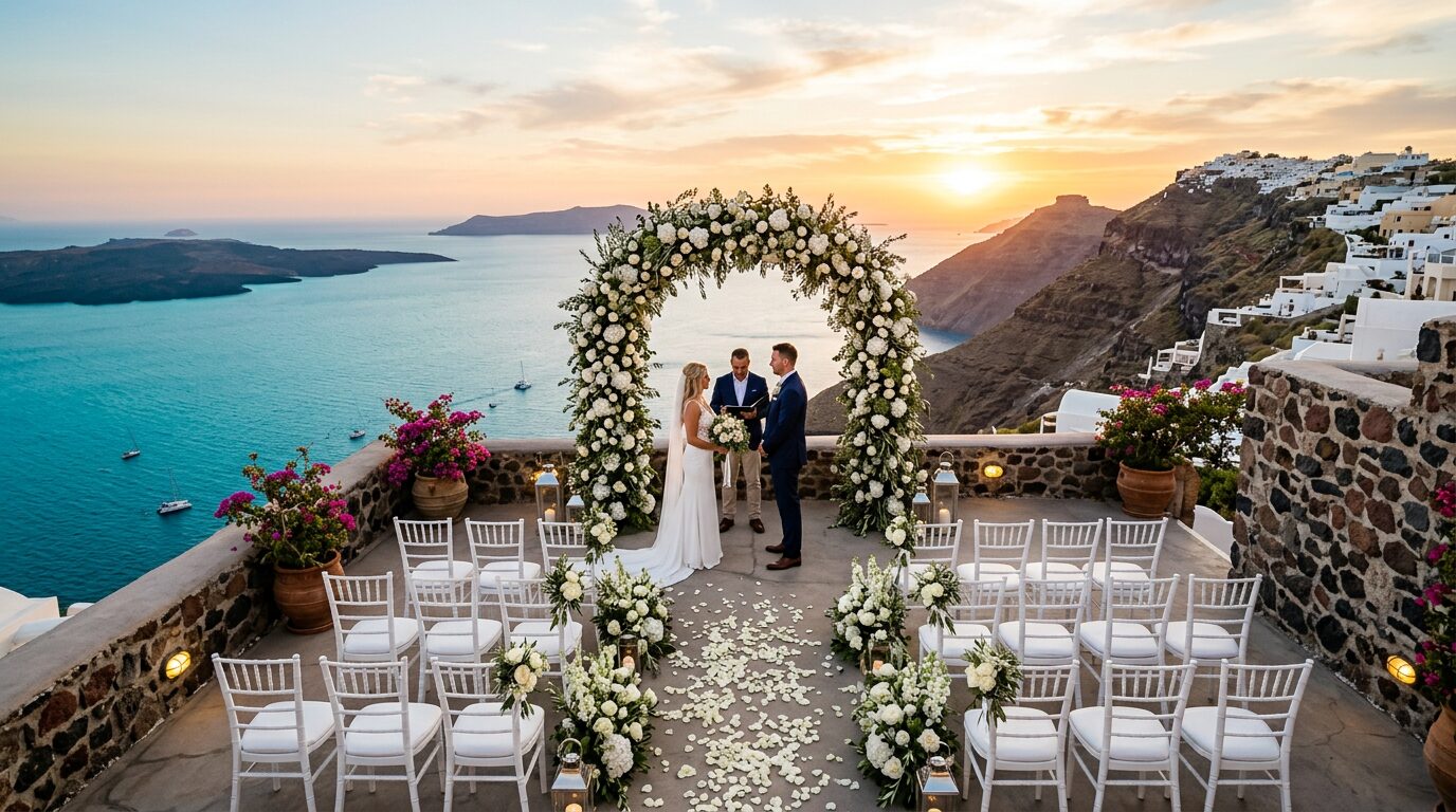 Romantic clifftop wedding setup with a floral arch overlooking the turquoise sea in Turkey