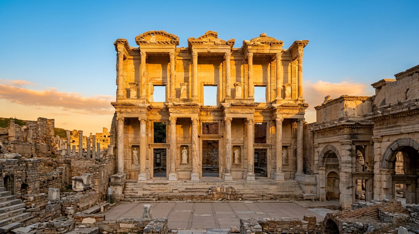 The marble Library of Celsus facade at the ancient city of Ephesus in golden light