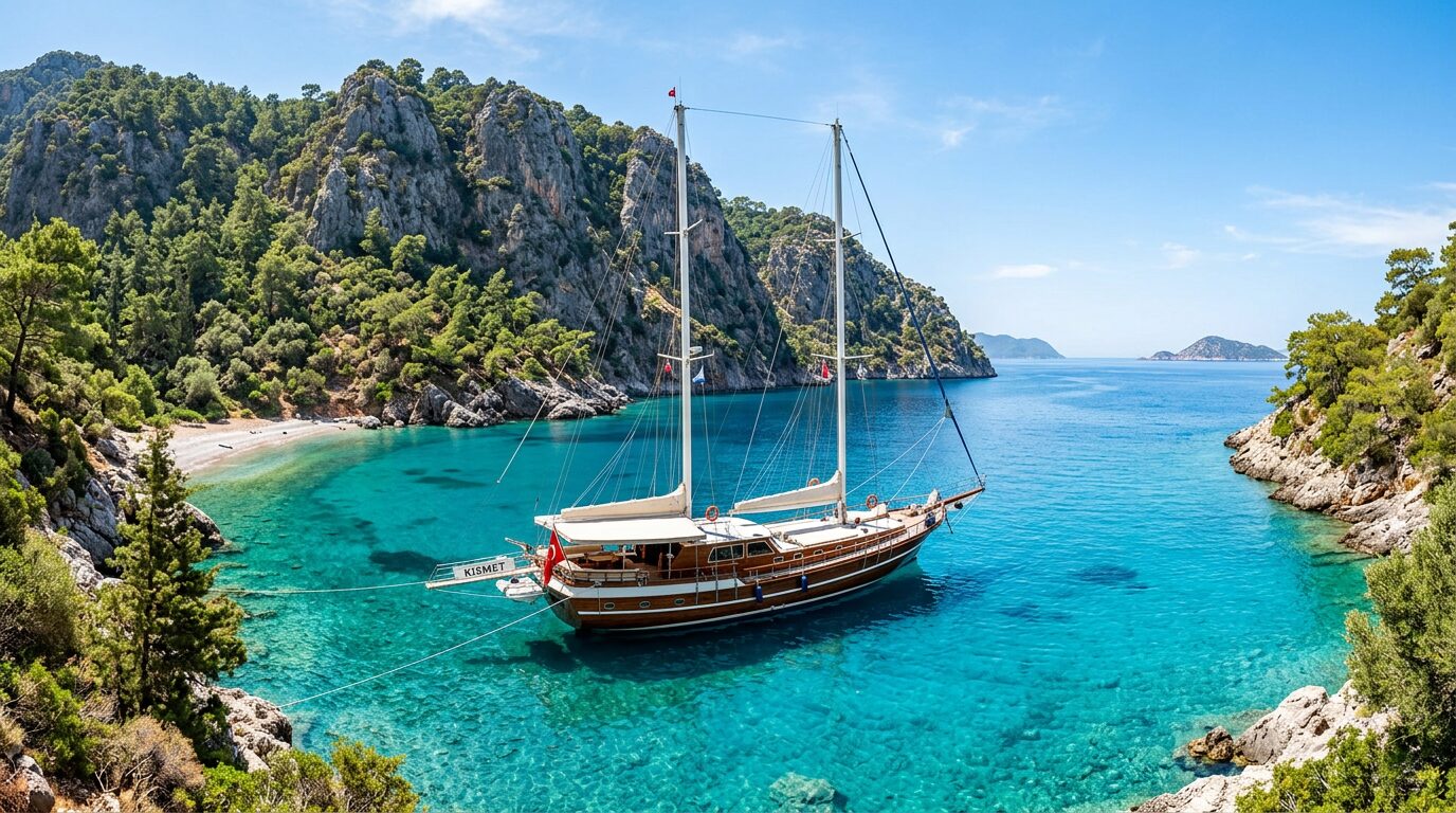 A traditional gület sailing boat in a turquoise cove with pine-covered cliffs near Fethiye
