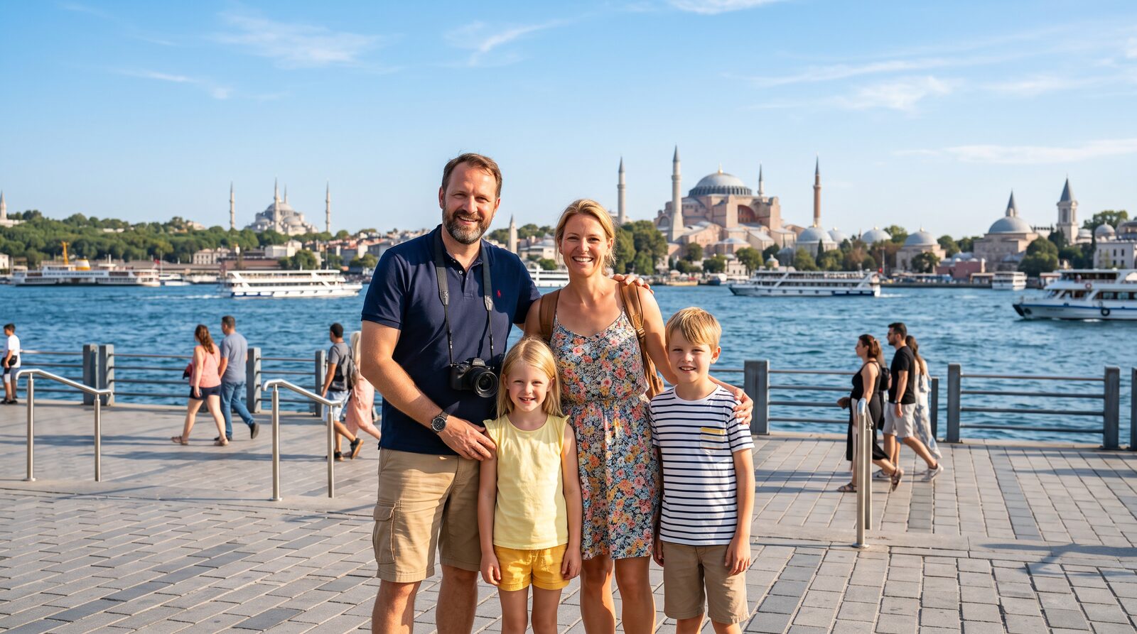 A German family sightseeing in Istanbul with the Bosphorus behind them