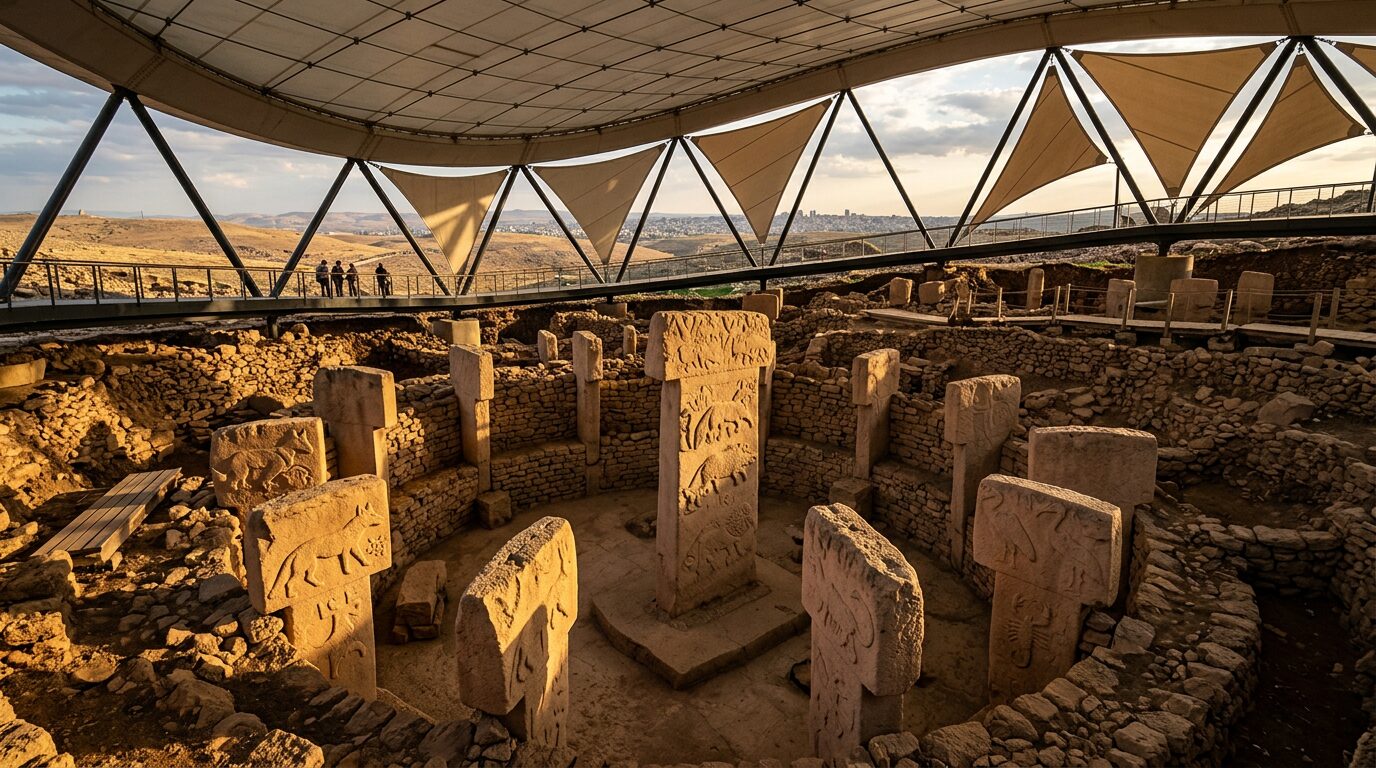 Ancient T-shaped carved stone pillars under a canopy at Göbeklitepe