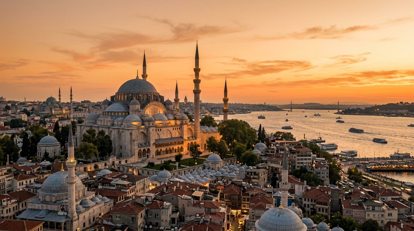 The Süleymaniye Mosque and its minarets above Istanbul at golden hour