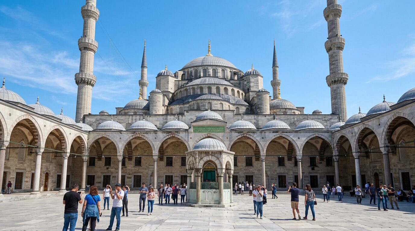 The six minarets and domes of the Blue Mosque against a clear sky in Istanbul