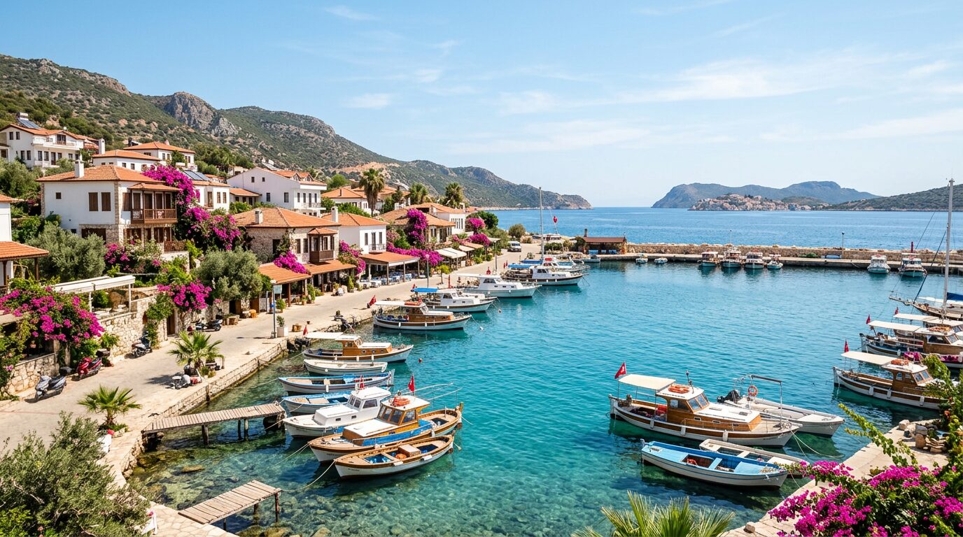 Whitewashed houses with pink bougainvillea above the turquoise bay of Kaş