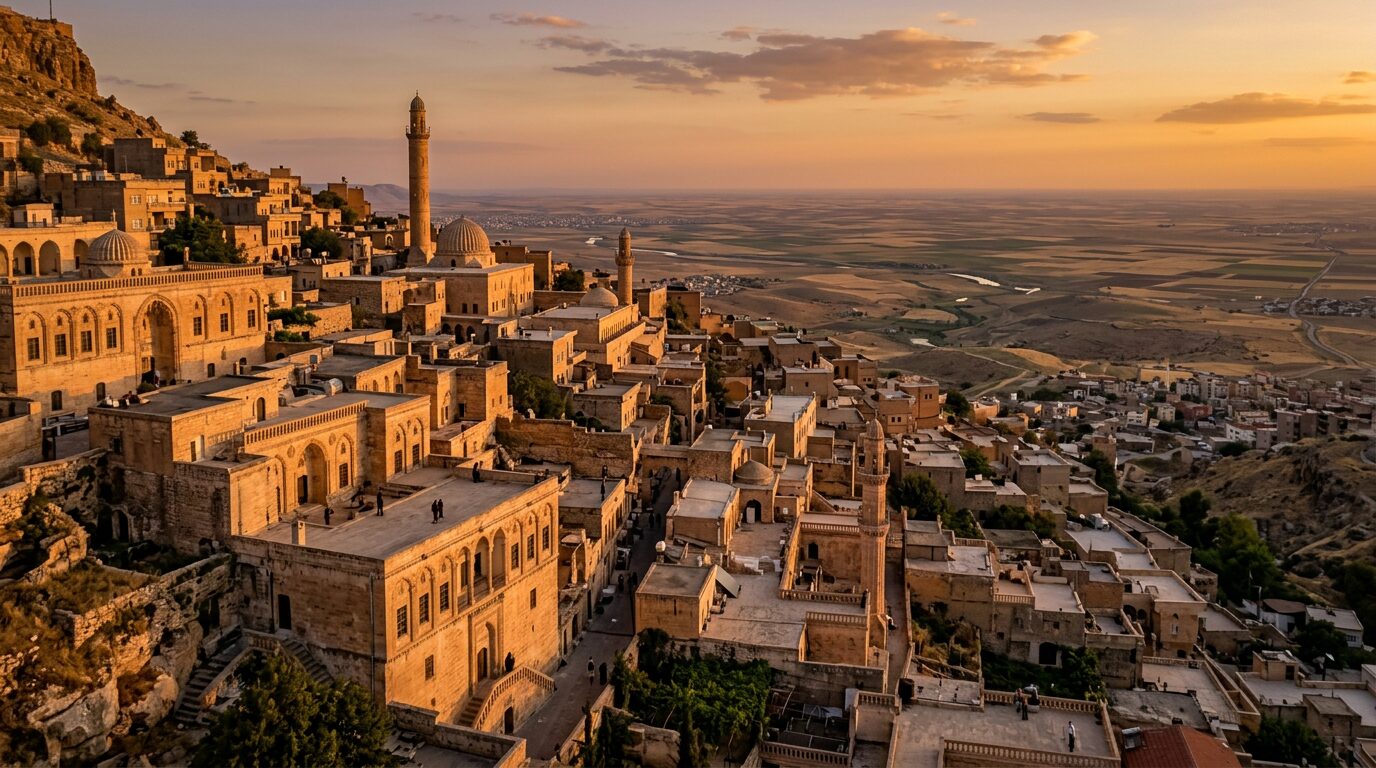 The honey-coloured stone houses of Mardin cascading down a hillside over the plain