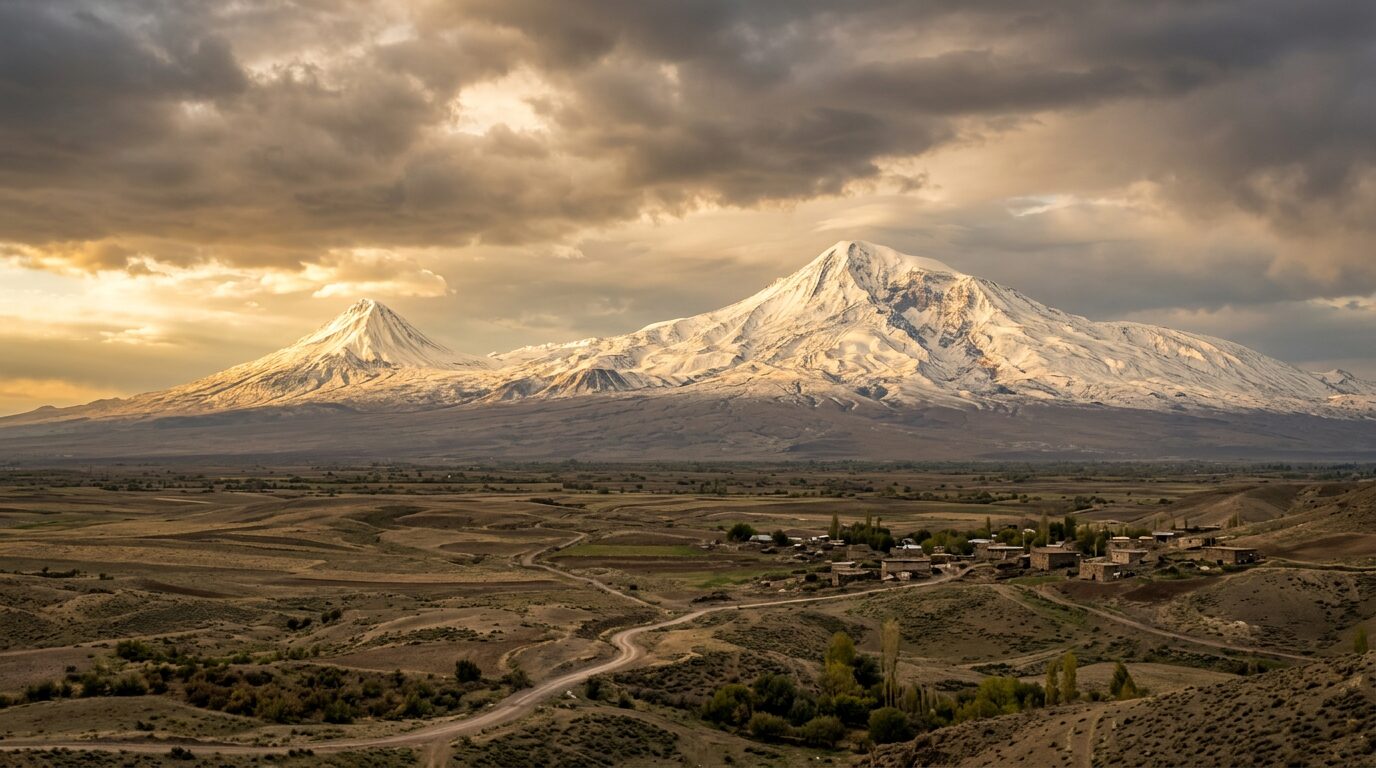 Snow-capped Mount Ararat rising above the plains of eastern Turkey
