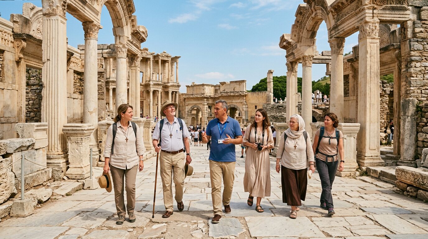 A small group of Christian pilgrims walking with a guide through ancient ruins in Turkey