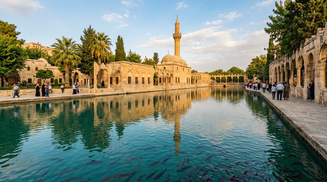 The sacred Balıklıgöl pool and historic mosque in Şanlıurfa