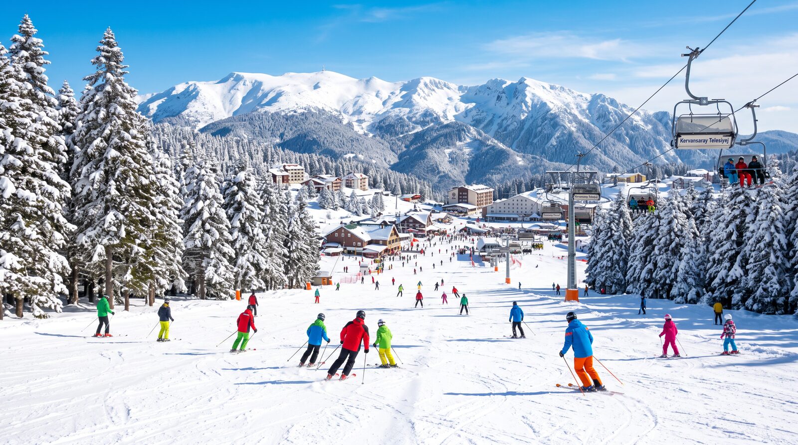 Skiers on the snowy slopes of Uludağ ski resort in Turkey