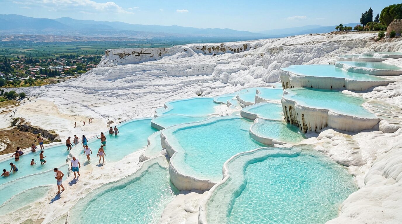 Pamukkale’s white travertine terraces and turquoise thermal pools in bright daylight