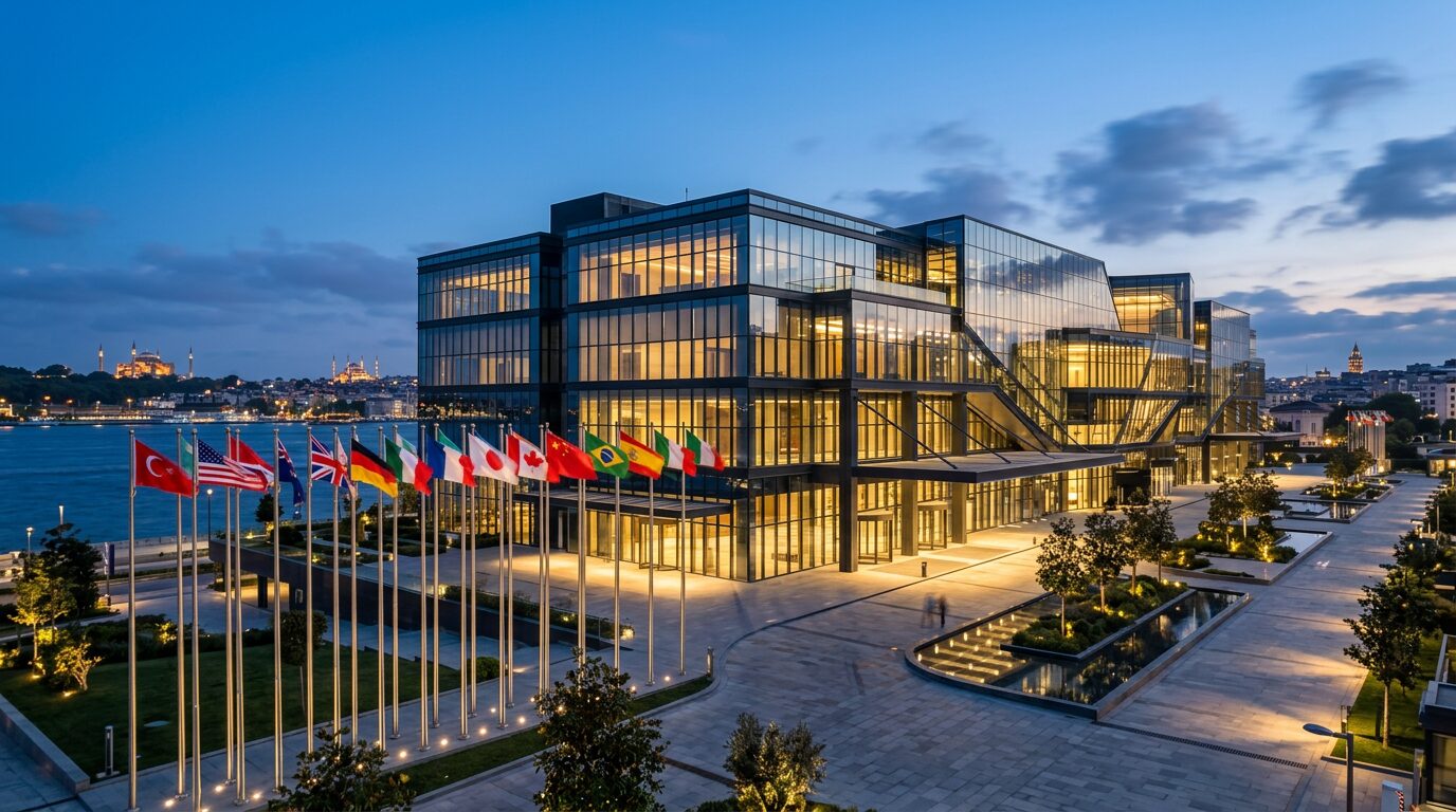 A large international summit and event venue in Türkiye illuminated at night
