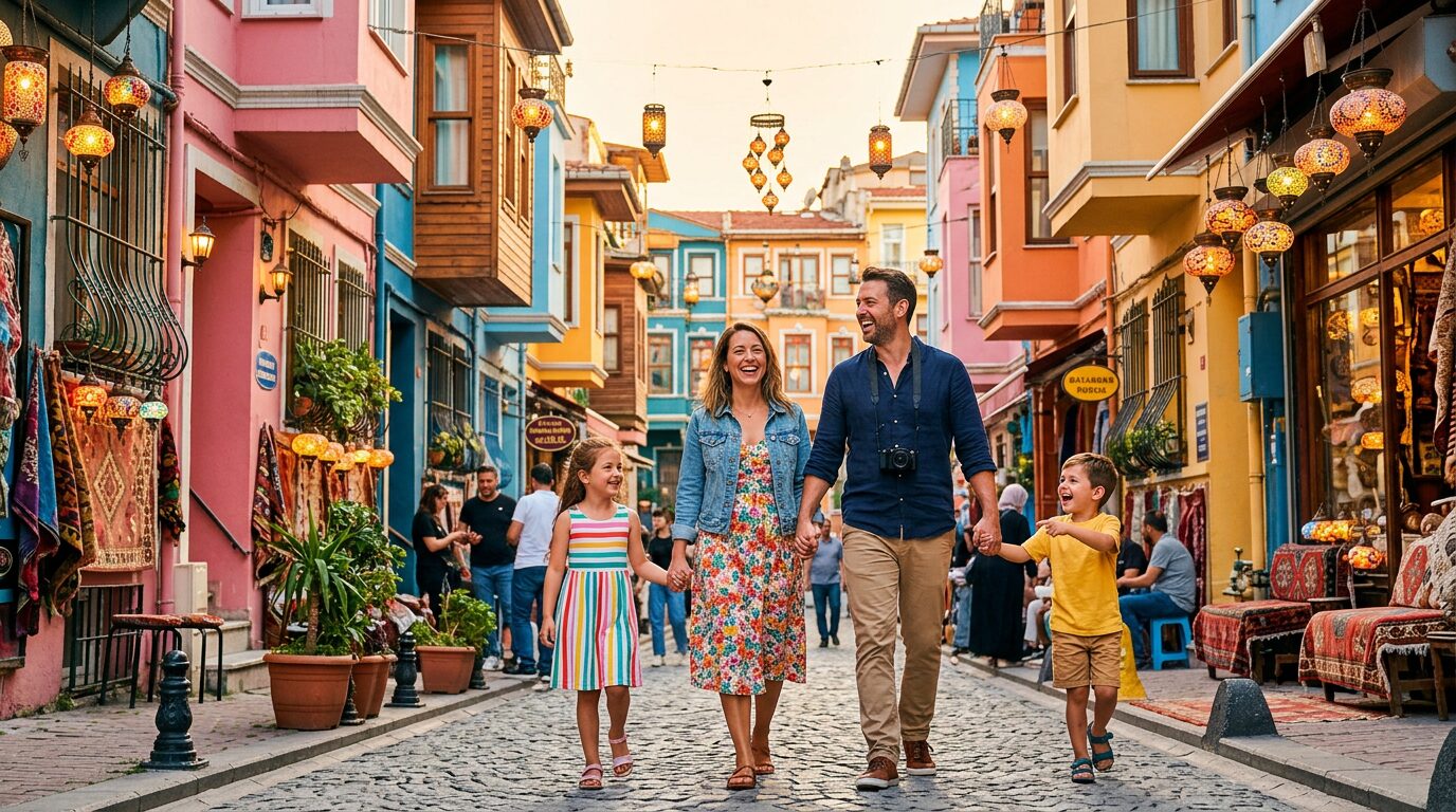 A happy family with children exploring a colourful street in Türkiye