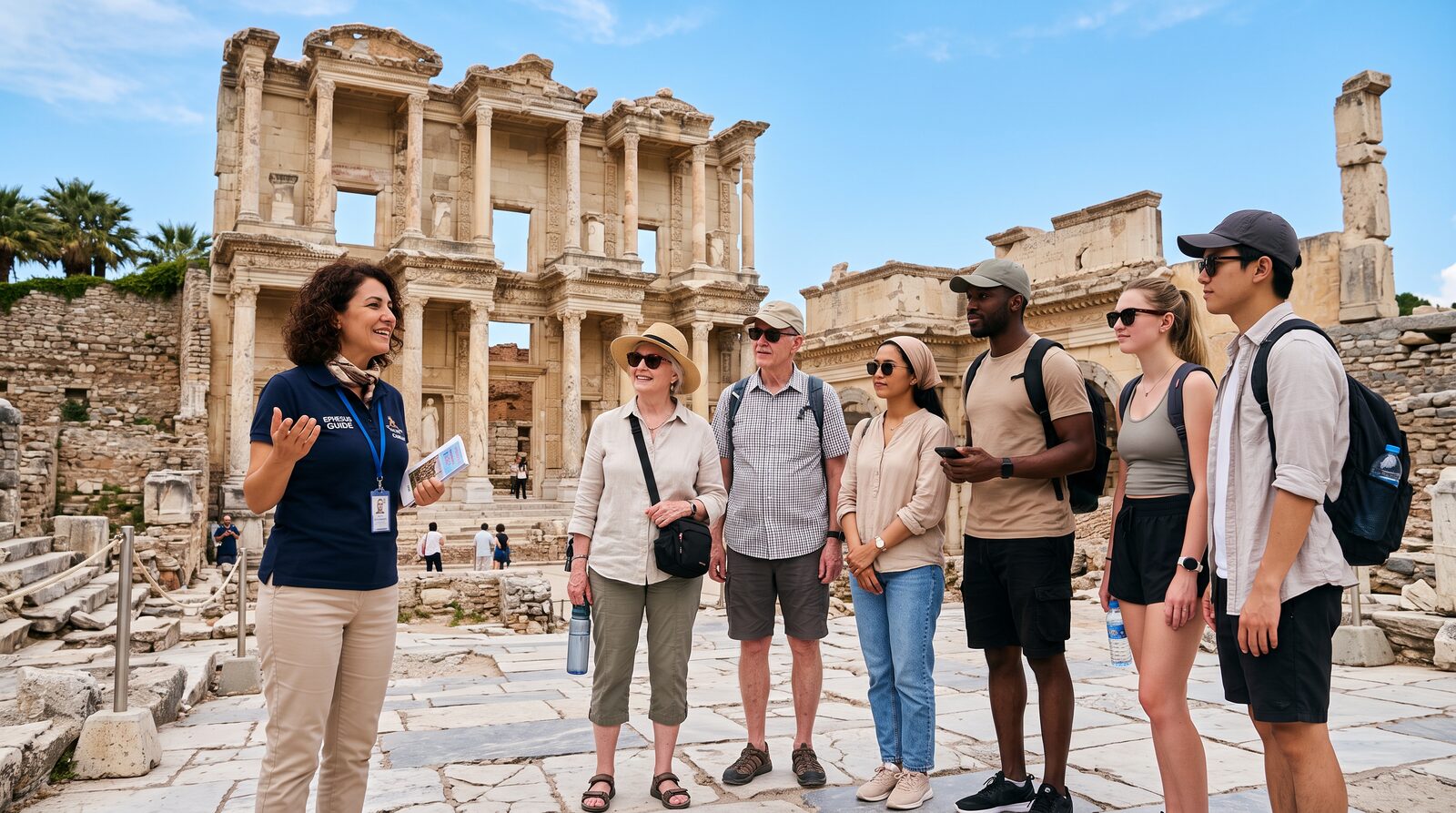 A small group of tourists with a guide exploring ancient ruins in Turkey