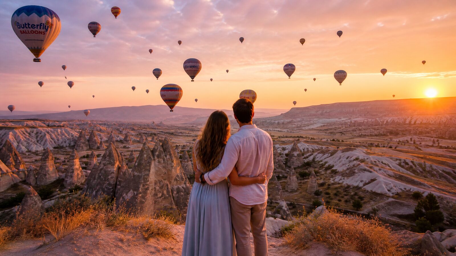 A couple watching hot-air balloons over Cappadocia at sunrise on their honeymoon