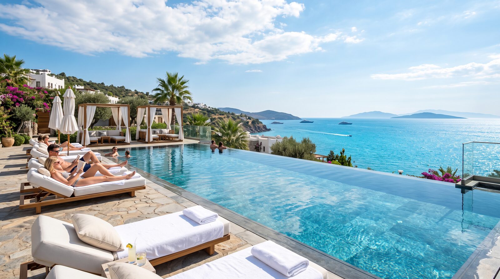 A luxury infinity pool overlooking the Aegean Sea in Turkey