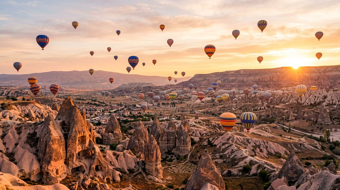 Hot air balloons rising over Cappadocia at sunrise, a highlight of Turkey tours from India