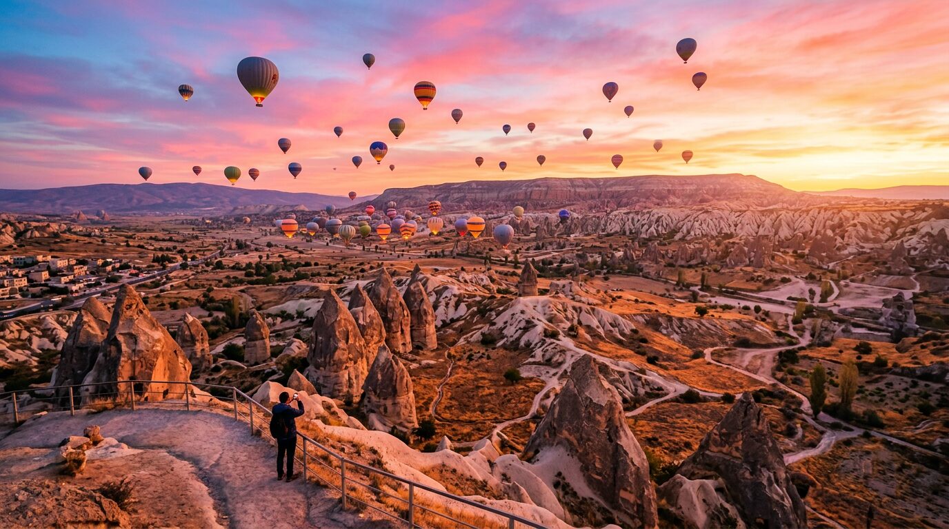 Hot air balloons rising over the fairy chimneys of Cappadocia at sunrise