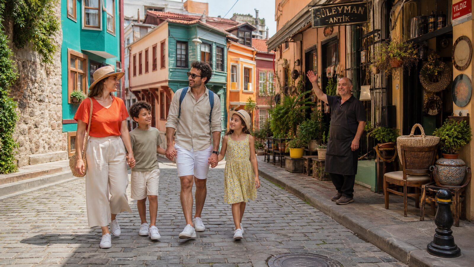 Tourists walking comfortably through a lively, safe Istanbul street in the evening