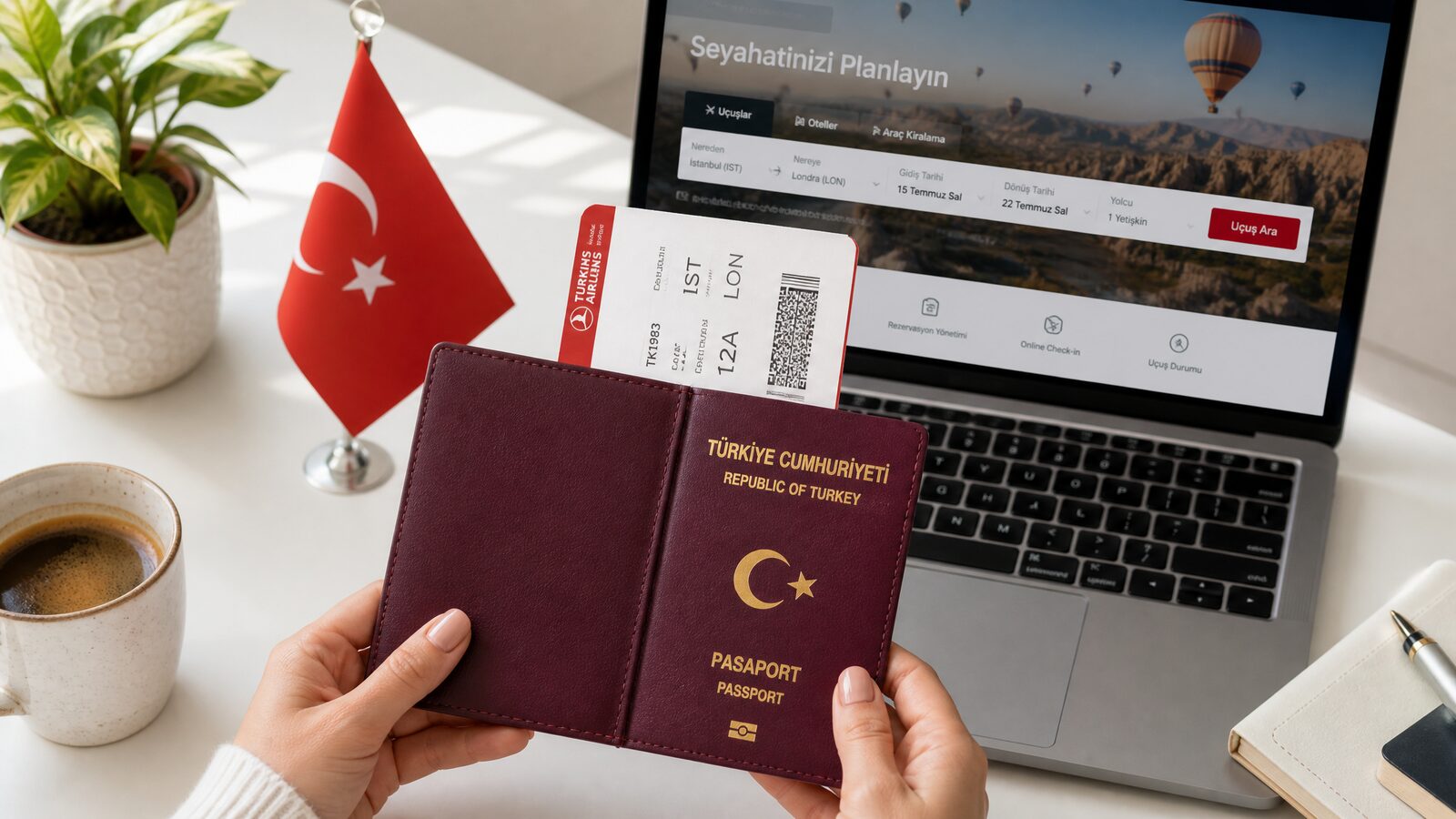 A Ghanaian traveller with passport and documents preparing a Türkiye visa application