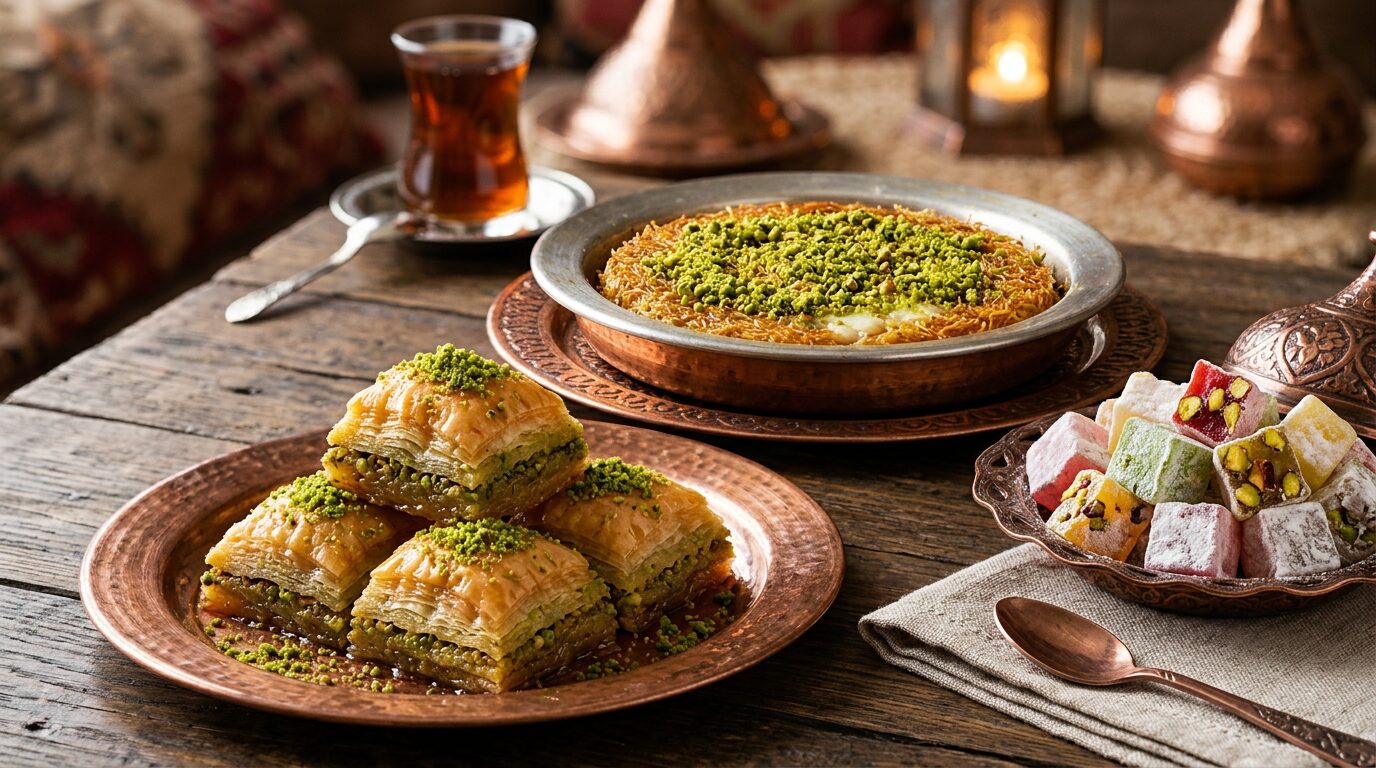 Golden baklava, cheese-filled künefe with pistachios and Turkish delight