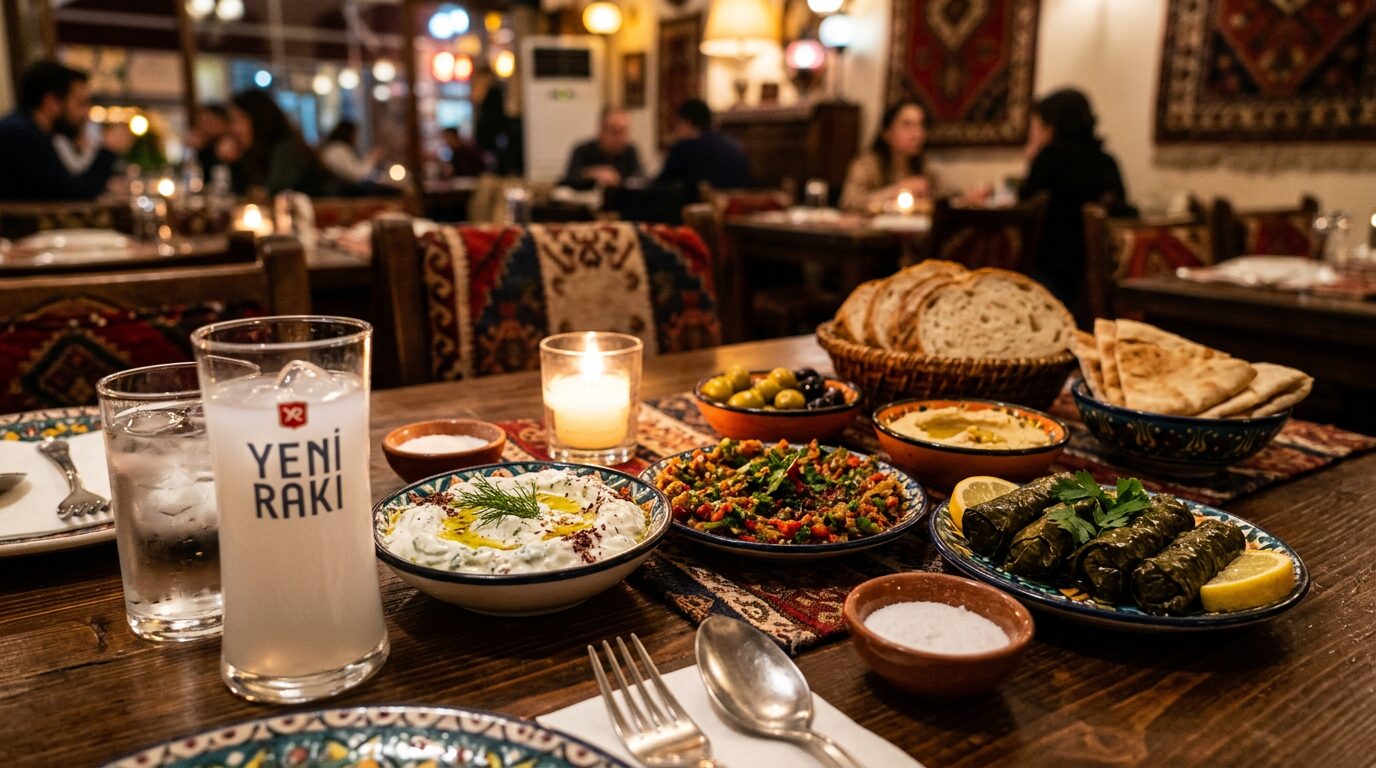 A colourful spread of Turkish meze dishes with a glass of rakı
