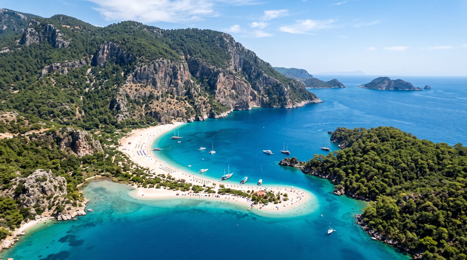 A turquoise bay with pine-covered cliffs on the Turkish Riviera