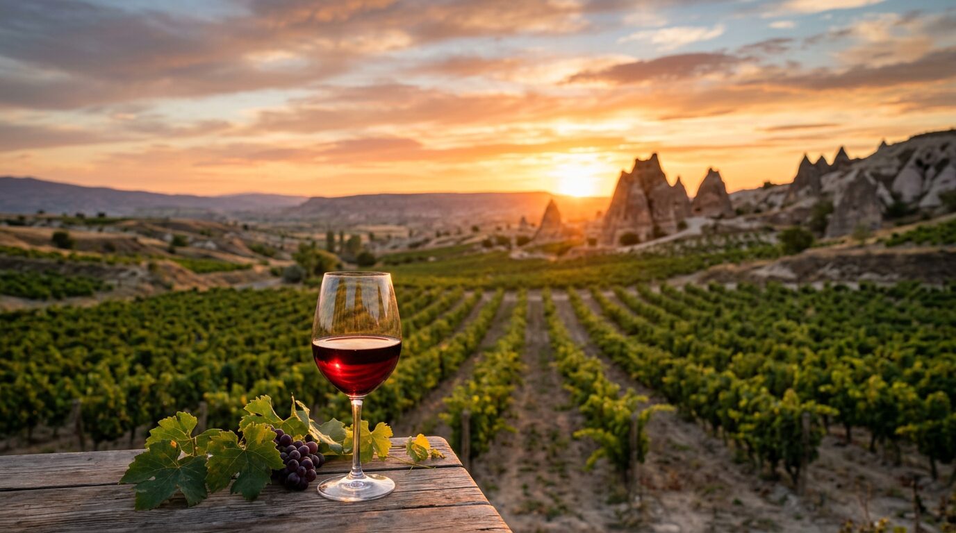 Rolling Anatolian vineyards at golden hour with a glass of Turkish red wine