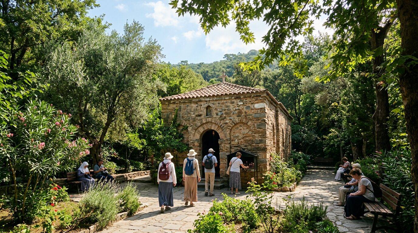 The stone House of the Virgin Mary chapel surrounded by green trees near Ephesus