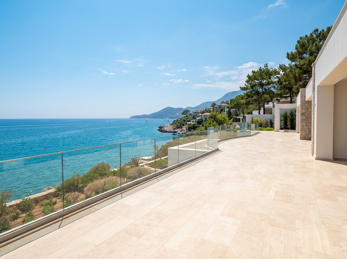 A beautiful empty seaside terrace in daylight, before it is transformed